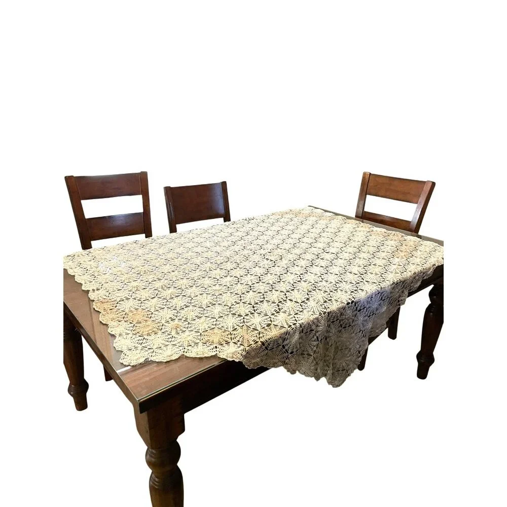 Vintage Handmade Crochet Tablecloth Used Cream Tan